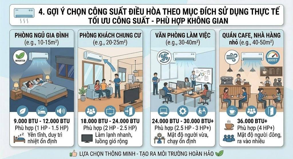 4. Gợi ý chọn công suất điều hòa theo mục đích sử dụng thực tế