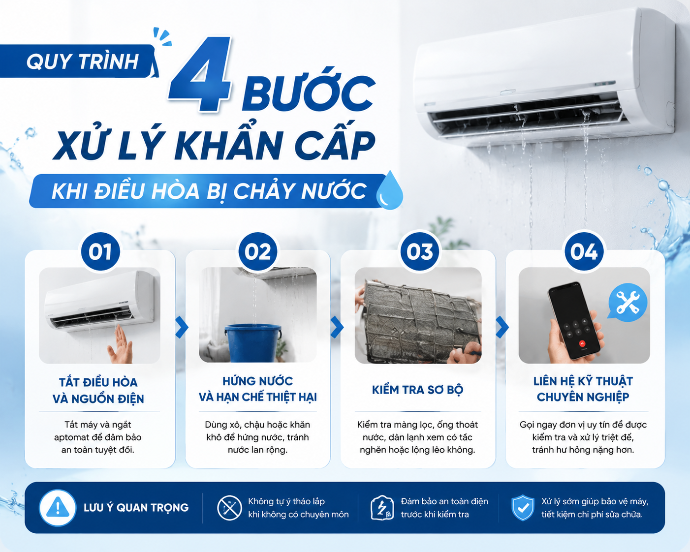 Quy trình 4 bước xử lý khẩn cấp khi điều hòa bị chảy nước