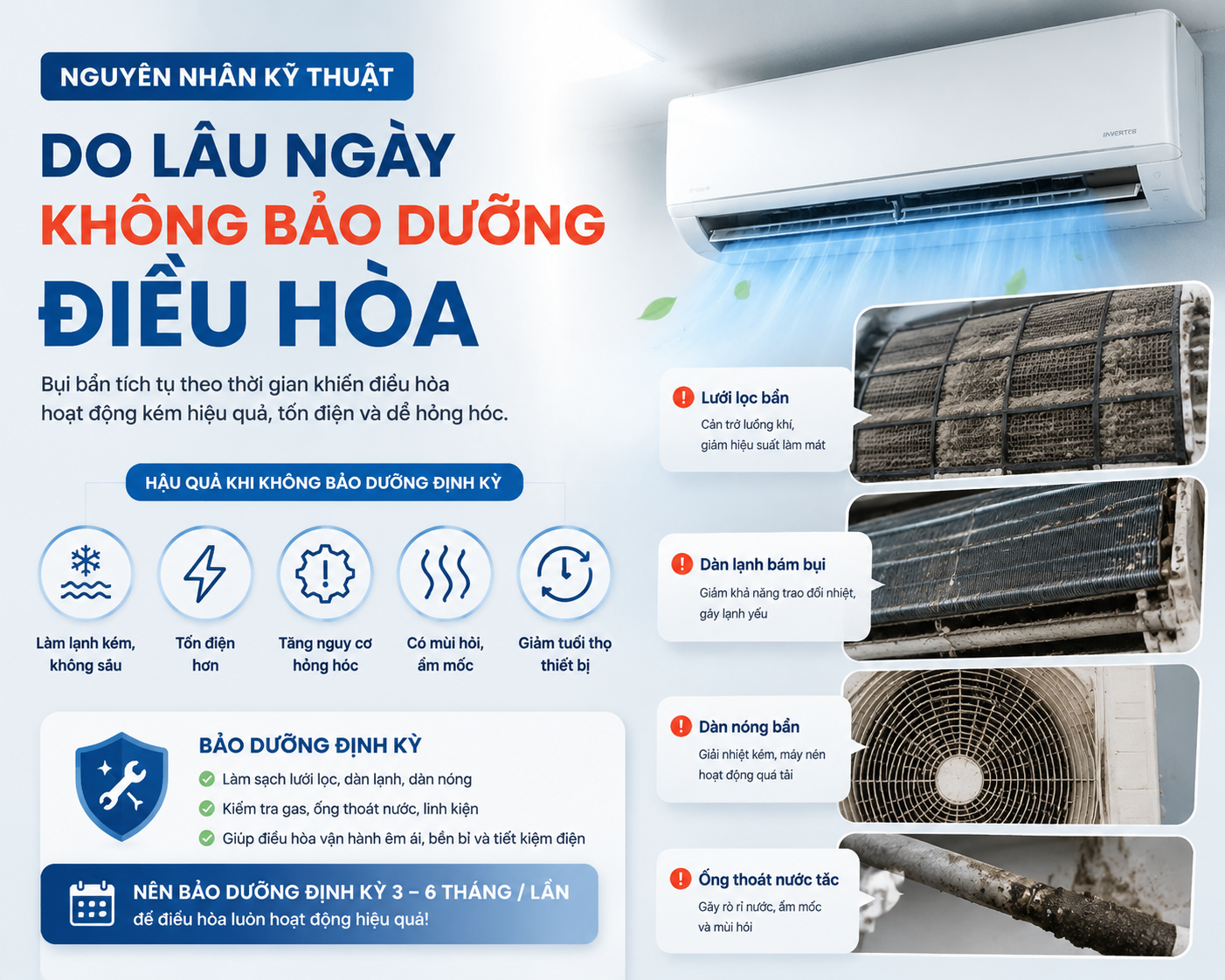 Nguyên nhân kỹ thuật do lâu ngày không bảo dưỡng điều hòa