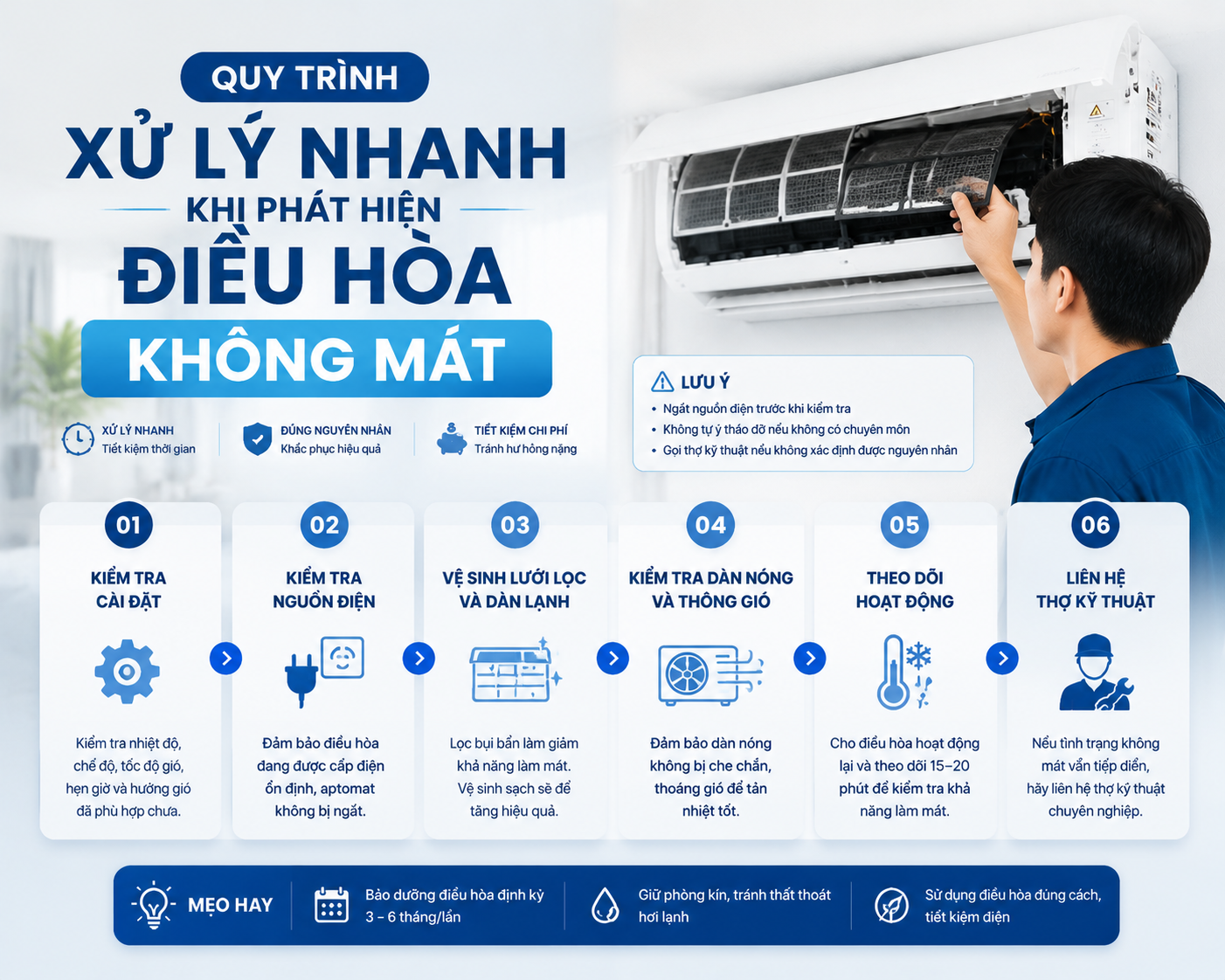 Quy trình xử lý nhanh khi phát hiện điều hòa không mát
