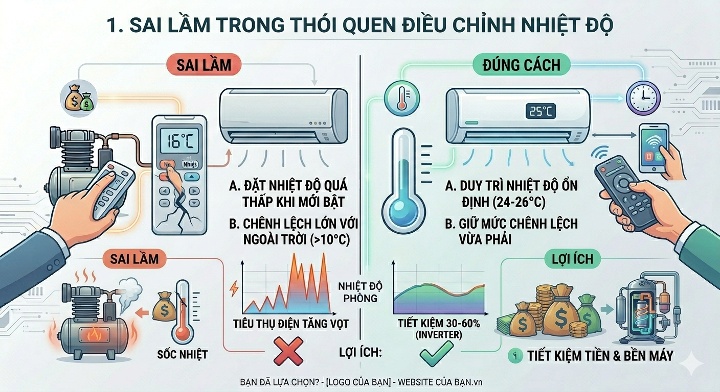 1. Sai lầm trong thói quen điều chỉnh nhiệt độ