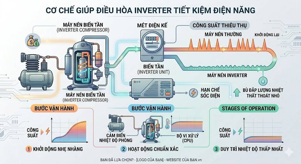 Cơ chế giúp điều hòa Inverter tiết kiệm điện năng